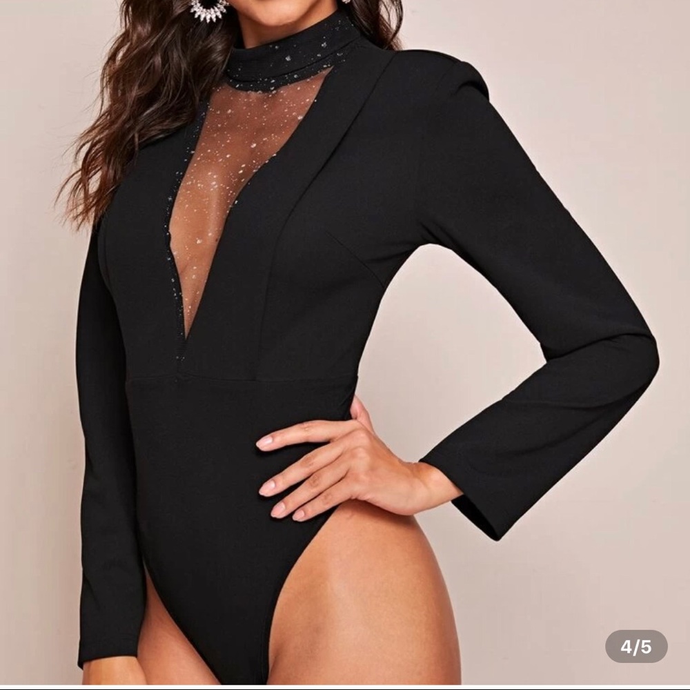 Black Mock-neck Mesh Insert Fitted Bodysuit